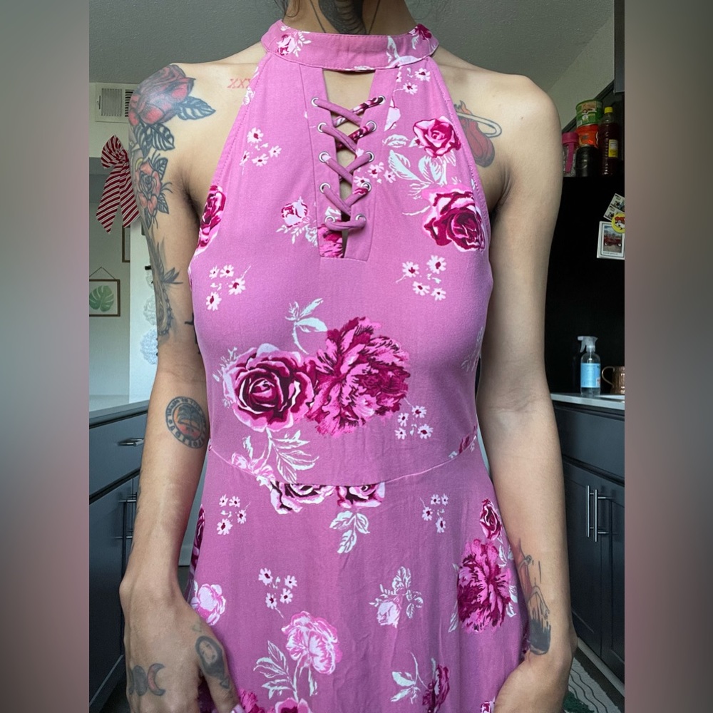Pink lace up Floral Above the Knee dress